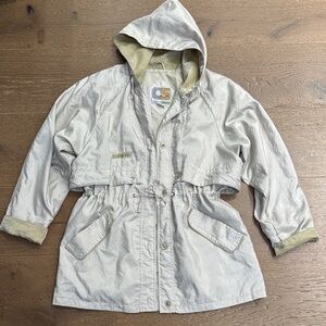 Vintage Style Hooded Utility Jacket Beige Drawstring Waist Size M